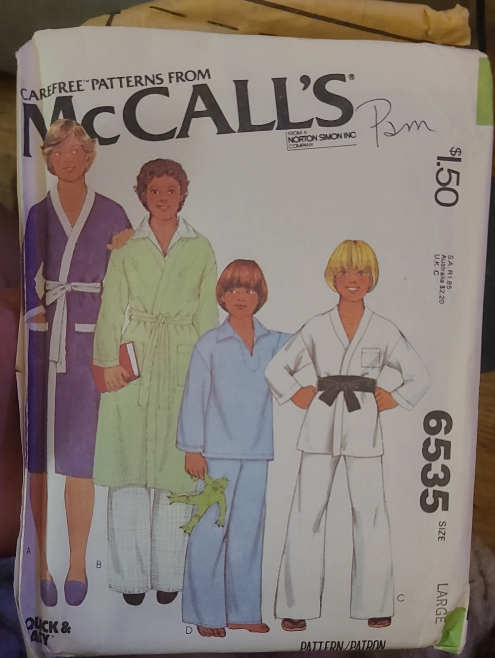 vintage McCall's 6535 sewing pattern from 1979 for boys' & teen boys' sleepwear